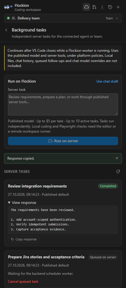 Background tasks with completed and queued server work