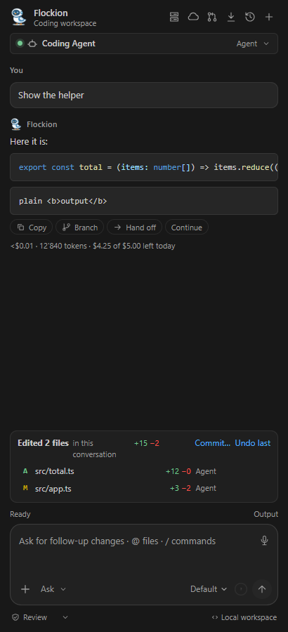 Conversation with syntax highlighting, response actions and changed files