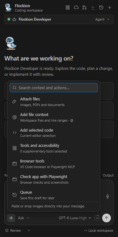 Composer menu for files, selected code, tools, browser checks and queued tasks