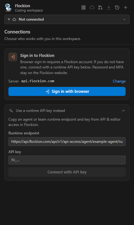 Connections panel with Flockion browser sign-in and manual runtime-key fields