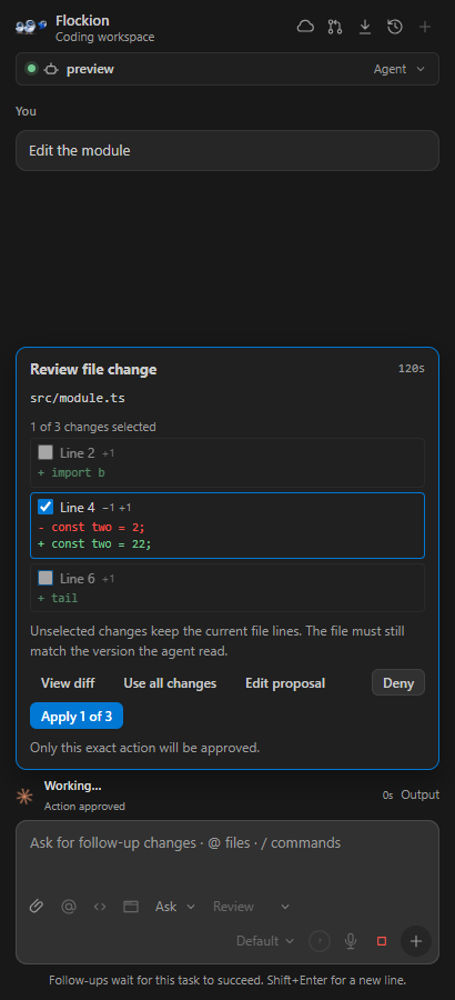 Review card with individual proposed file changes selected
