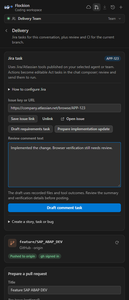 Jira issue reference and implementation comment draft in Delivery