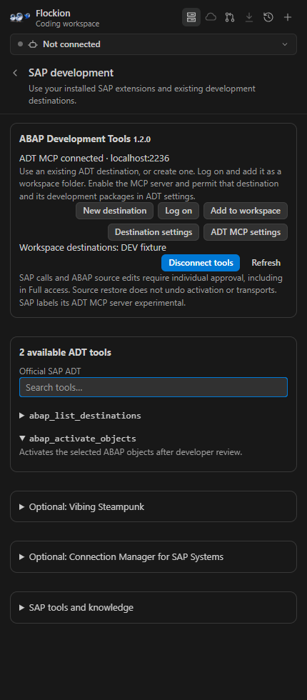 SAP ADT connection, destination controls and discovered MCP tools