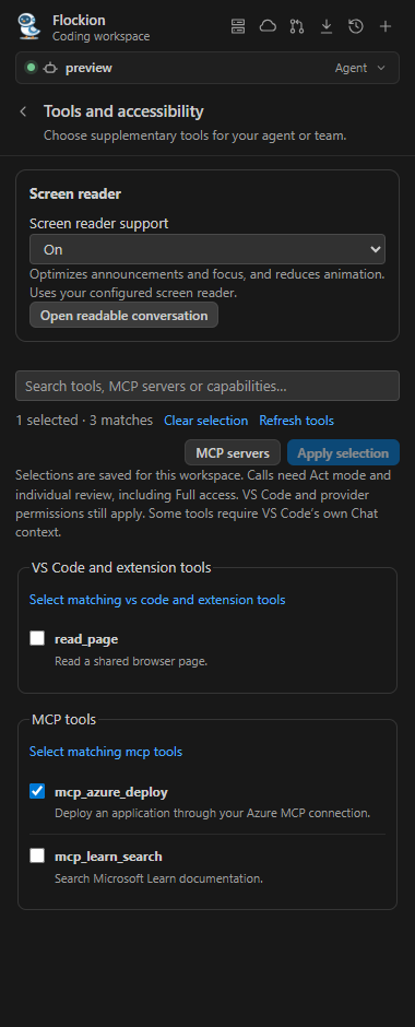 Searchable tool selection and screen reader controls